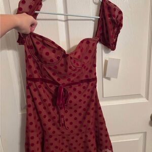 For Love And Lemons Red and Tan Polka Dot Dress